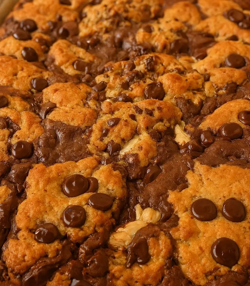 A tray of brookies, cookie dough baked on top of brownie, with chocolate chips