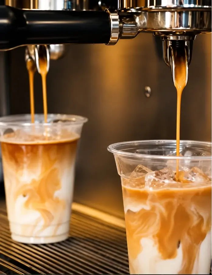 Two shots of espresso pouring from the machine into plastic cups of milk and ice