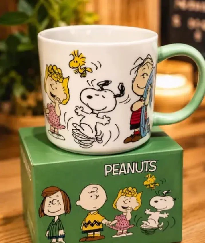 Official Peanuts mug with Snoopy, Woodstock, Sally and Linus, sitting on its green gift box